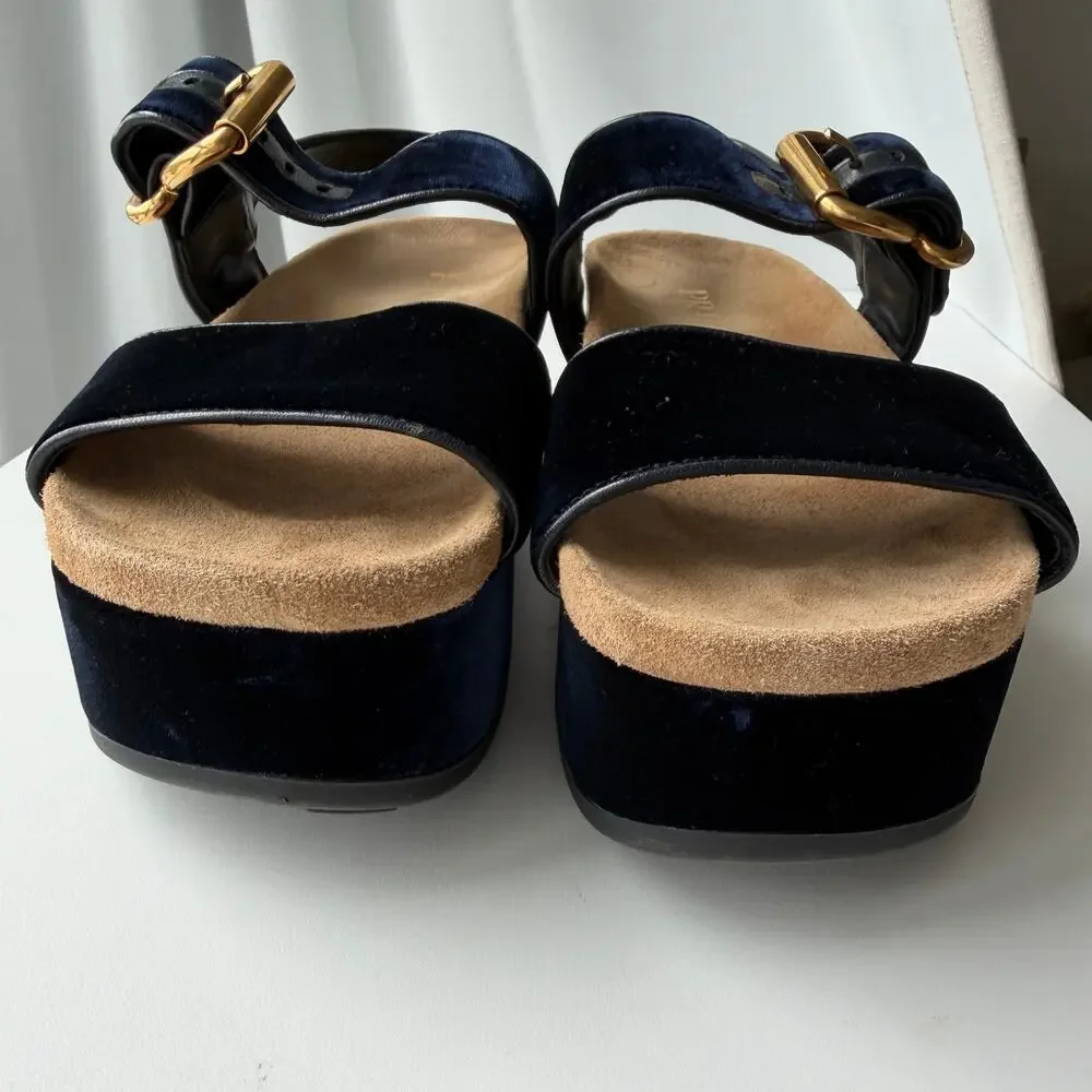 Prada (38) Navy Velvet Platform Sandals Double Strap Gold Buckle Comfortable
